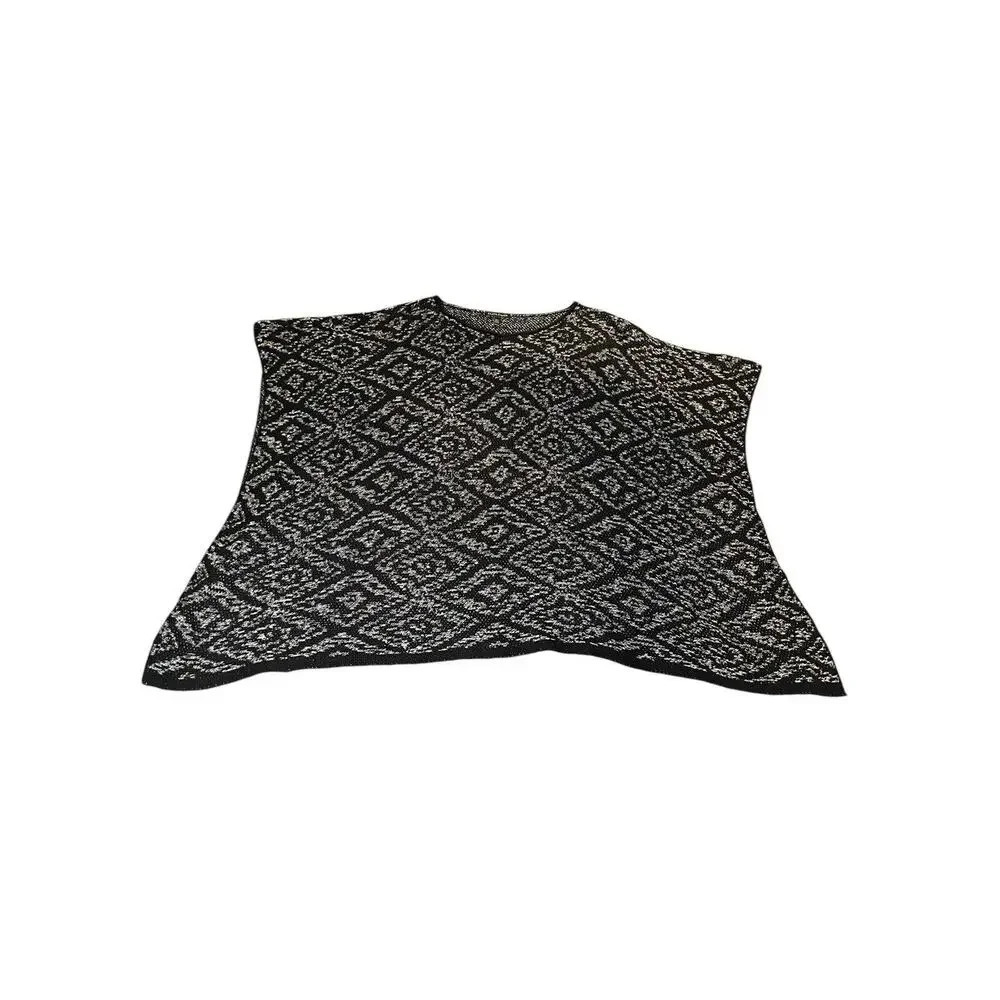 Eileen Fisher Textured Weave Poncho Organic Linen Black Geo Pullover Women’s OS